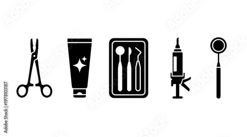 Collection of dental and oral care tools toothpaste tube and medical instruments suitable for healthcare and medical concepts.