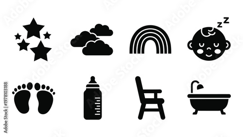 A collection of simplistic black icons depicts baby related themes including sleep a rainbow and essential care items high quality professional