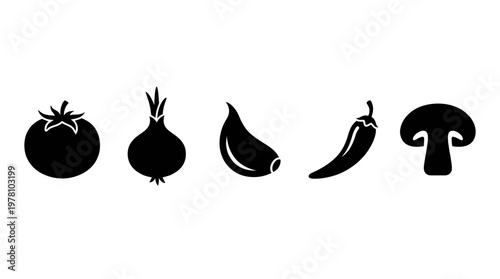 Graphic set of basic cooking ingredients including tomato, onion, garlic, chili, and mushroom, useful for culinary projects, menu graphics, or food packaging.