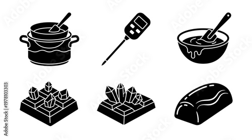 Confectionery icons set for chocolate making, baking, and dessert preparation, including cooking tools and candy molds, ideal for culinary projects and sweet treat recipes.