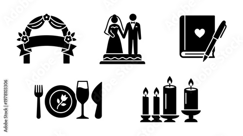 Collection of wedding and celebration icons including arch, bride groom, guestbook, dinner table, and candles for event invitation and decor needs.