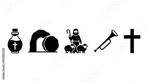 Diverse Christian religious symbols depicting faith, resurrection, guidance, and salvation. Perfect for church presentations, spiritual education, and worship resources.