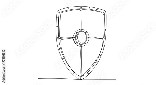 Minimalist continuous line drawing of a medieval shield, featuring a central boss and rivet details. Ideal for historical, security, or defensethemed design projects and modern graphic assets.