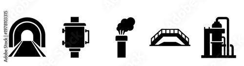 Essential industrial and transport infrastructure icons depicting a tunnel, a processing unit, a chimney, an overpass, and a factory for diverse project applications.