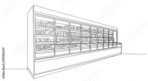 Continuous line art of a supermarket refrigerated display case stocked with food, ideal for retail, grocery store, and merchandising visuals.