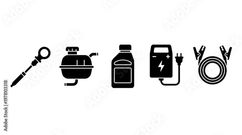 Set of black glyph icons representing essential automotive maintenance tools engine dipstick, coolant reservoir, fluid bottle, battery charger, and jumper cables for car service.