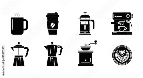 Diverse collection of coffee related glyph icons featuring brewing tools and hot beverages, suitable for menus, digital media, and beverage industry branding.