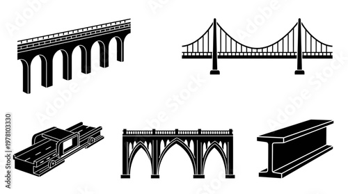 Collection of bridge designs including arch, suspension, and overpass structures, plus a steel Ibeam icon, suitable for engineering and construction themes.