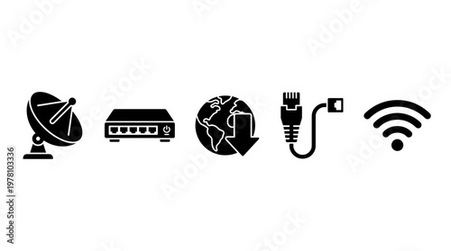 Various internet and network technology glyph icons for illustrating digital connectivity, data transfer, and communication systems in modern world applications.
