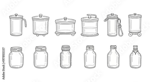 Set of various empty glass containers with lids, including jars and bottles, useful for packaging design, kitchen storage, and household organization concepts.