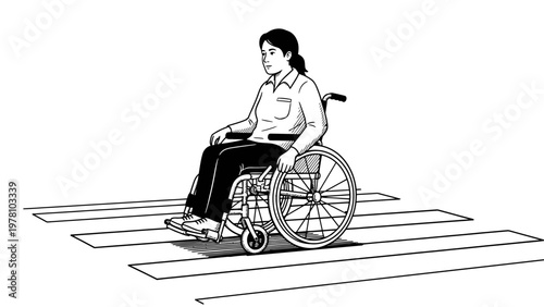 An Asian woman in a wheelchair crosses a pedestrian crosswalk, depicting urban mobility, accessibility, and independent living. Useful for campaigns promoting inclusivity and safe travel.