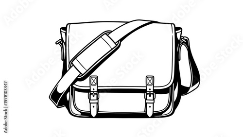 Black and white line art of a messenger bag, featuring a shoulder strap and buckled closure. Ideal for fashion, travel, and accessoryrelated designs.