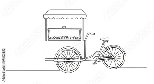 Simple line drawing of a street food bicycle cart featuring snacks, ideal for food service promotions, mobile vending concepts, or healthy eating campaigns.