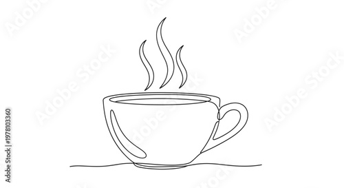 A simple continuous line depicts a steaming hot beverage cup, perfect for modern cafe branding, web icons, or product packaging designs.
