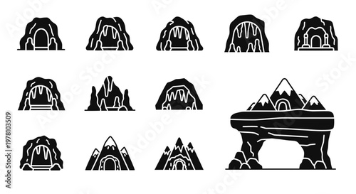 Diverse set of cave and grotto entrance glyph icons, including mountain formations and underground passages. Ideal for game assets, maps, and geological educational materials.