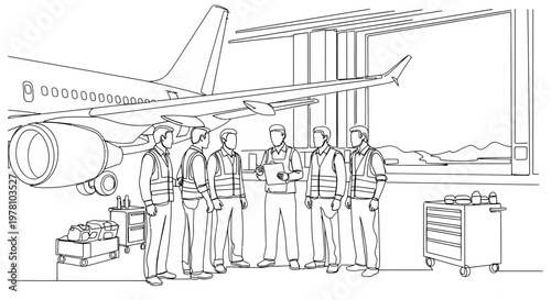 A team of male aviation maintenance engineers discusses operations in an aircraft hangar next to a commercial jet. Ideal for depicting aerospace industry work, teamwork, and safety.