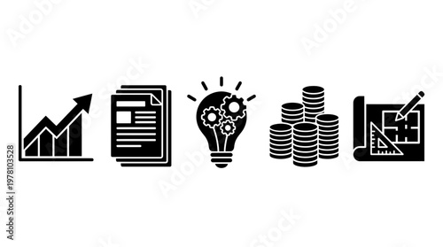 Collection of business icons representing growth, documentation, innovative ideas, financial assets, and strategic project development for various professional applications.