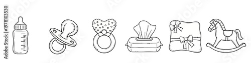 Simple doodle style line art of baby essentials bottle, pacifier, teether, wet wipes, blanket, and rocking horse for newborn care products.