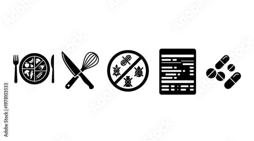 Icons representing nutrition, cooking, food allergies, dietary labels, and medication for health, diet, and wellness topics.