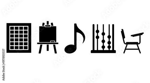 Black silhouette icons representing various school subjects like art, music, math, and general learning tools, suitable for educational themes and academic resource visuals.
