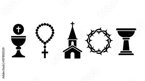 Diverse Christian symbols including communion chalice, rosary, church, crown of thorns, and holy cup, ideal for religious education and faithbased designs.