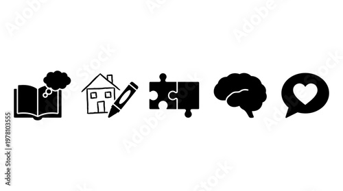A set of simple black icons representing learning, home, creativity, problem solving, intelligence, and love, ideal for educational content and digital projects.