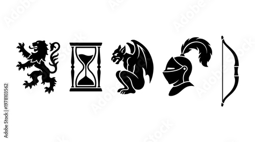 Set of diverse silhouettes depicting a heraldic lion, hourglass, gargoyle, knight helmet, and bow. Perfect for fantasy themed graphic projects, game assets, and historical emblems.