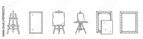 Handdrawn set of art easels and blank canvases provides versatile graphic elements for illustrating painting classes, artist studios, creative workshops, and supplies.