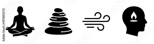 Symbols of tranquility and balance featuring meditation, stacked stones, flowing air, and inner light, perfect for promoting mindfulness and wellness concepts.