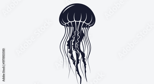 Elegant dark jellyfish silhouette with flowing tentacles, ideal for marine life and oceanthemed graphic designs or natureinspired projects.