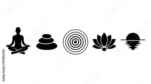 Collection of black silhouette icons representing tranquility mindfulness and spiritual well being perfect for health wellness and meditation projects