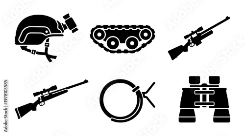 Set of essential military and tactical equipment silhouettes including combat helmet, tank track, sniper rifles, utility strap, and binoculars, ideal for security and outdoor graphics.