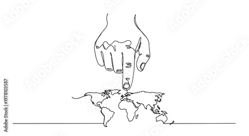 Single continuous line drawing depicting a hand pointing at a world map, symbolizing global communication, precise location, and international interaction, ideal for travel, business, or education.