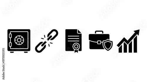 Set of glyph icons representing business and financial concepts such as security, risk, certification, protection, and growth, suitable for presentations or web interfaces.