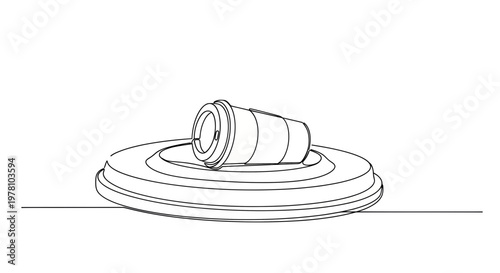 Minimalist continuous line drawing of a disposable coffee cup on a saucer, perfect for modern graphic design, branding, and beverage marketing.