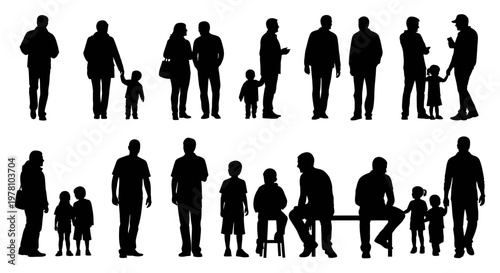 Black silhouettes of adults and children in various poses, including walking, standing, sitting, and interacting, suitable for architectural models, population studies, and graphic compositions.