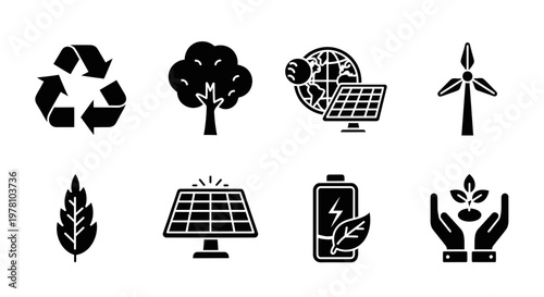 Sustainable ecological and renewable energy icons representing environmental protection green technology and nature conservation perfect for eco friendly lifestyle branding or educational