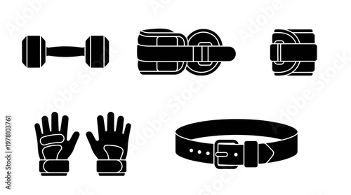 Set of essential fitness equipment silhouettes including dumbbell, ankle weights, workout gloves, and weightlifting belt for gym, exercise, and healthrelated content.