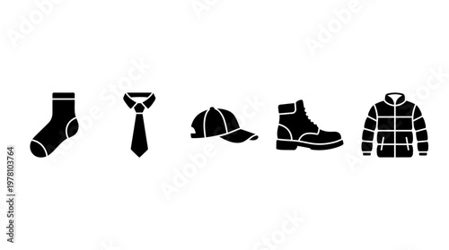 Set of five versatile clothing and footwear icons including sock tie cap boot and puffer jacket. Ideal for ecommerce and productrelated visuals.