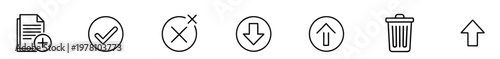 Set of essential linear icons for user interfaces, covering actions like adding documents, status feedback, file transfer, and deletion, ideal for modern digital projects.