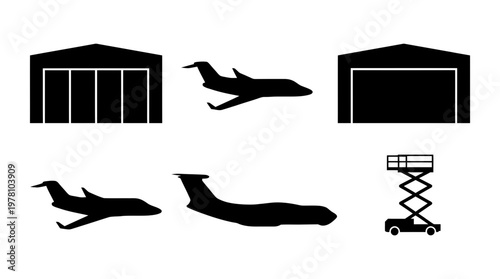 Black silhouettes of aviationrelated items including hangars, various airplanes, and a scissor lift, ideal for airport, maintenance, or logistics projects.