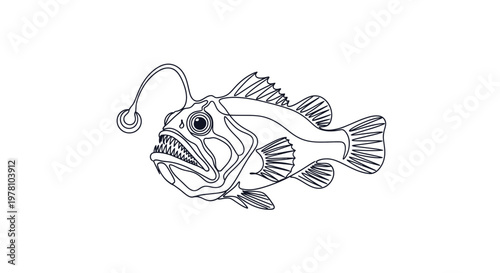 Monochromatic line drawing of an anglerfish with a lure and sharp teeth, suitable for marine biology, deep sea themes, and underwater exploration.