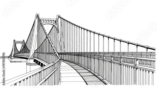 Black and white line drawing of a suspension bridge, emphasizing its structural elements. Ideal for engineering, architecture, or transport themed visuals.