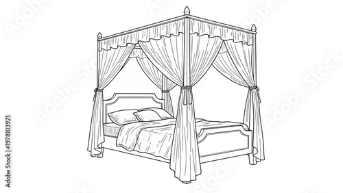 Handdrawn line art of an elegant four poster canopy bed with flowing drapes, evoking luxury and comfort for bedroom decor and furnishing concepts.