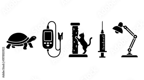Collection of five everyday objects represented as sleek black vector icons, suitable for educational content, veterinary, healthcare, or home office themes.