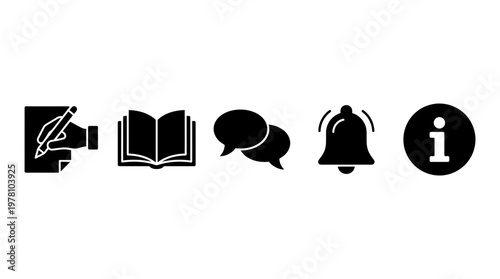 Set of versatile black silhouette icons for digital interfaces, representing writing, education, communication, alerts, and helpful information for modern user experience applications.