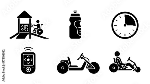 Set of glyph icons featuring accessible playground, water bottle, timer, remote control, and recumbent bikes, ideal for sports, recreation, and active lifestyle graphics.