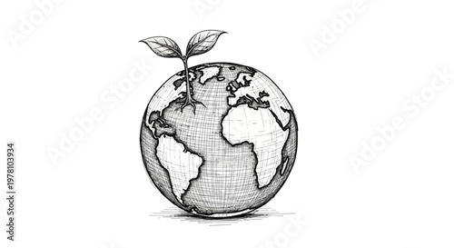 Sketch of Earth with a sprout representing environmental protection, global growth, and sustainability for ecology projects.