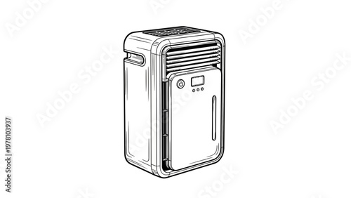 Black and white line drawing of a home air purifier, featuring a detailed control panel and water level indicator, perfect for product guides and clean design applications.
