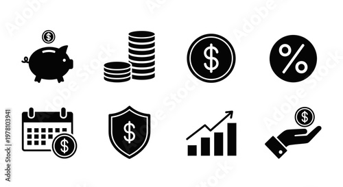 Collection of financial icons including piggy bank, coins, percentage, calendar, shield, growth chart, and hand holding money for business and banking visuals.